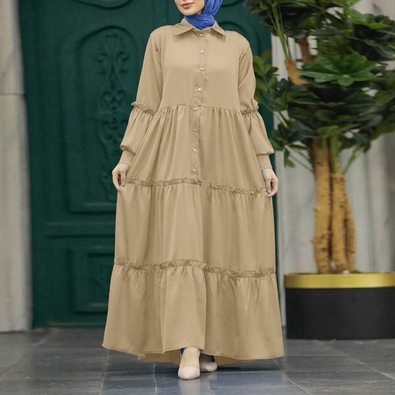 ZANZEA Women Casual Turn Down Collar Loose Long Sleeve Muslim Dress