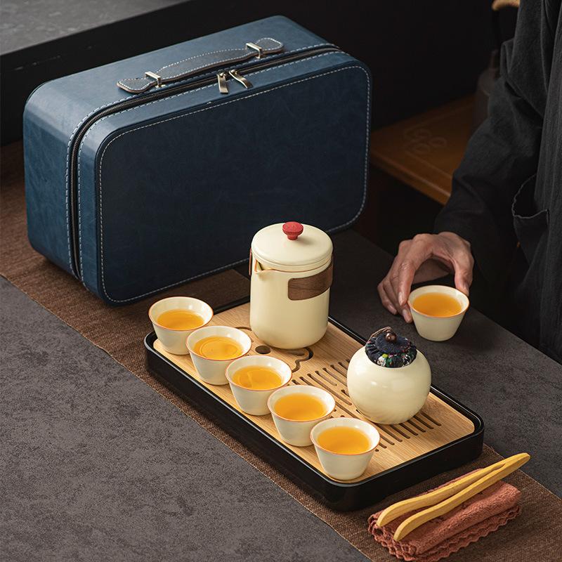 Ru Kiln Open Outdoor Portable Leather Bag Tea Set Complete Set of Teacups