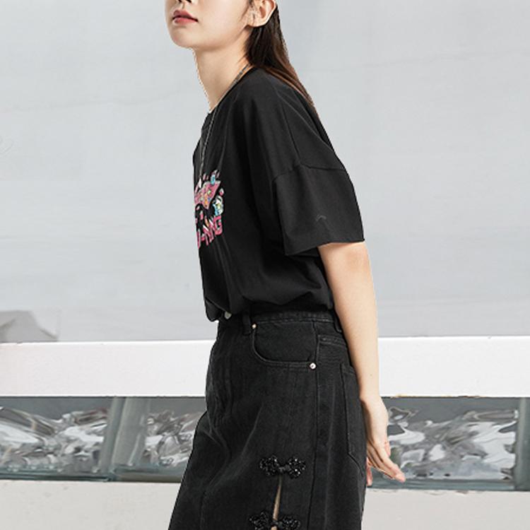 Li-Ning Graffiti Cartoon Print Loose Sports Short Sleeve T-Shirt Women Tops Black AHSR832-6