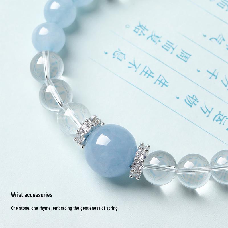 Aquamarine & White Crystal Beaded Bracelet: Fairy Summer Style for Girls, Sweet & Simple Fashion Hand Jewelry with a High-End Feel