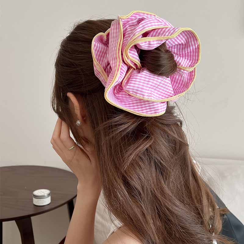 INS Ballet Style Contrast Color Plaid Ruffle Edge Elastic Hair Bands Women Sweet Korean Hair Scrunchies 4 Layered Large Headband