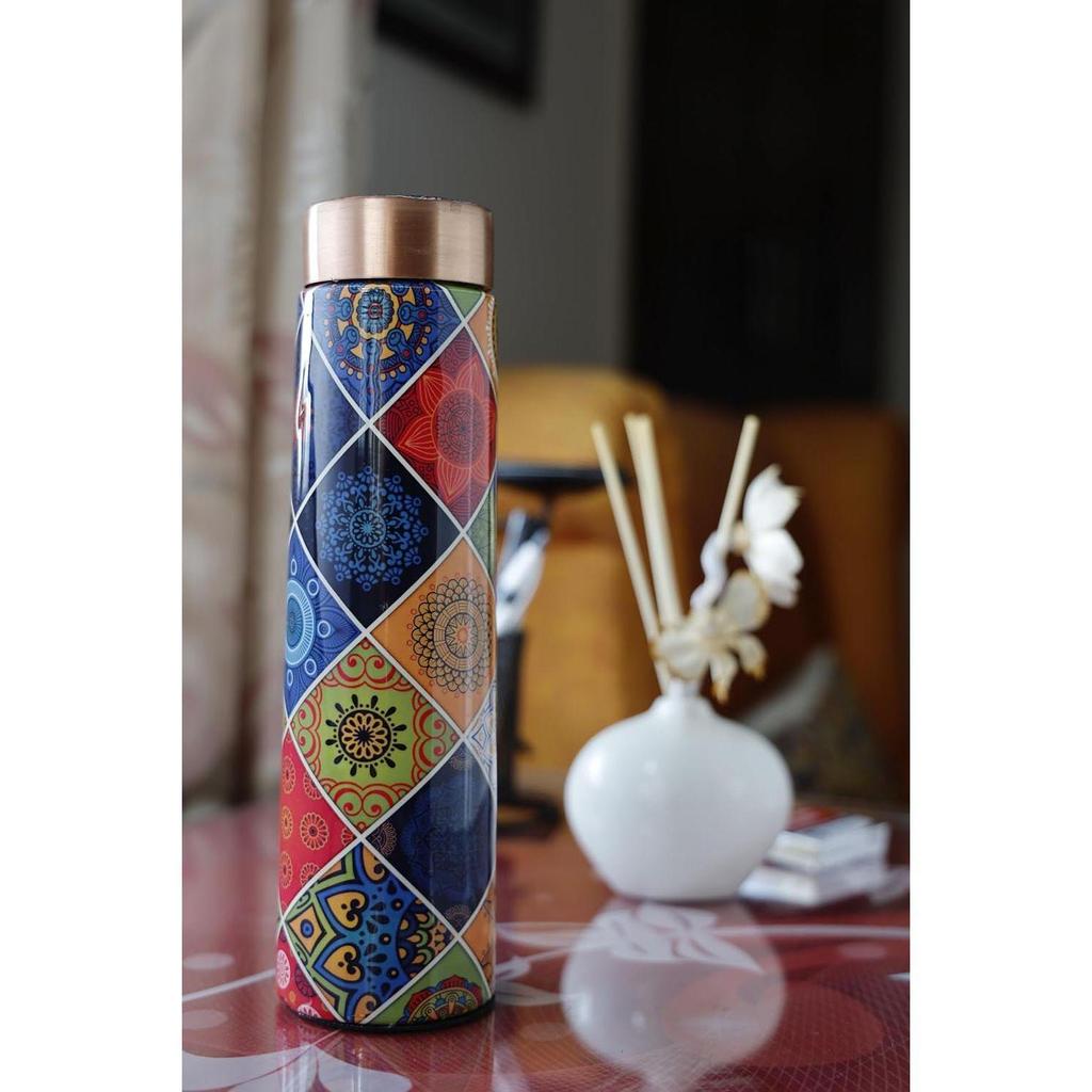 Moroccan Multicolour Designer Printed 100% Pure Sleek Copper Bottle 1 Litre | Beautiful Sleek Bottle