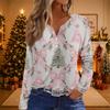 Women's Christmas Print V-Neck Long Sleeve Button Casual T-Shirt Tunic Blouse