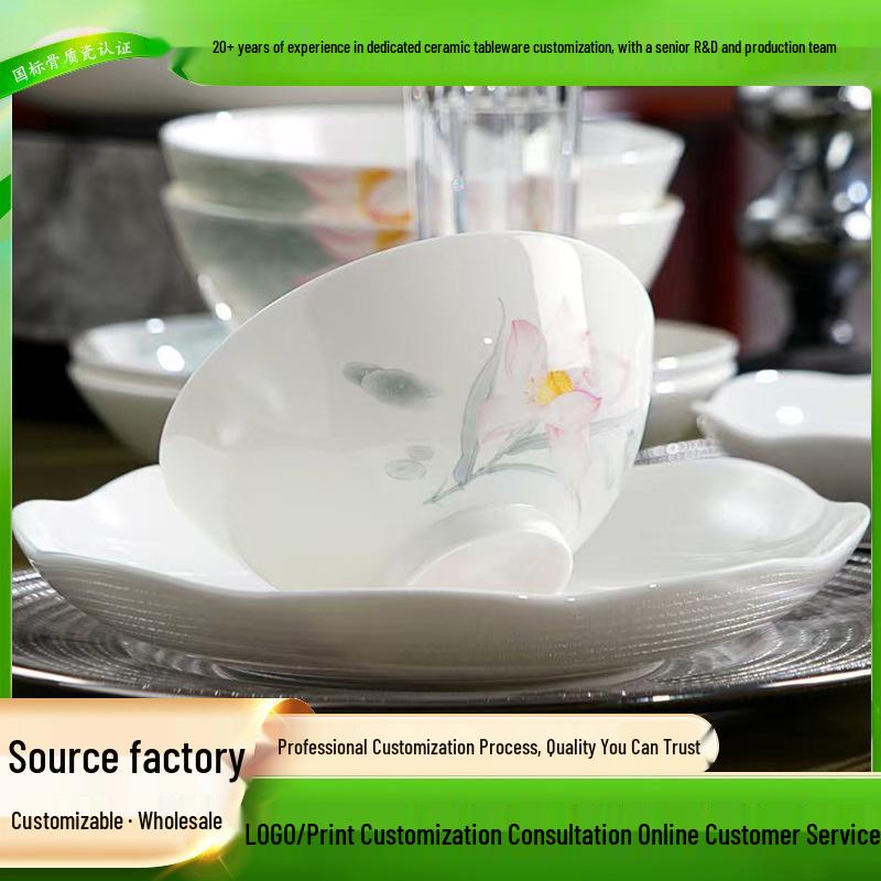 Underglaze Color Bone China Rice Bowls and Plates Set