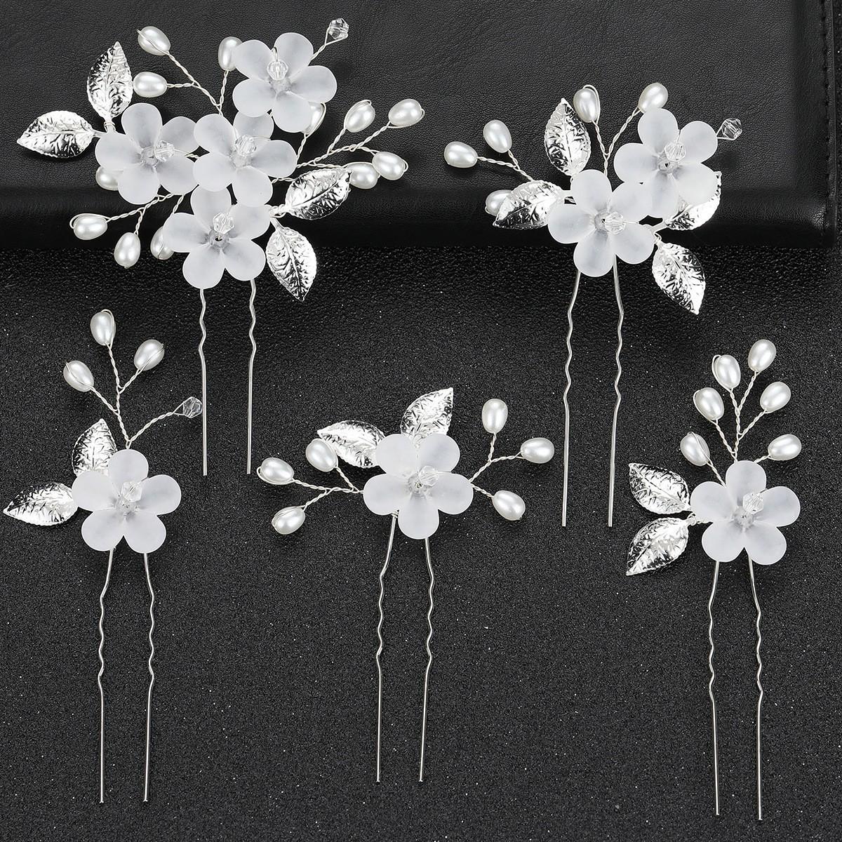 

Five-Piece U-Shaped Flower Leaf Hairpin Set for Brides серебряный