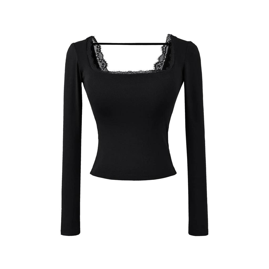 Women's Pure Desire Lace Trim Long Sleeve Slim Fit Top with Chest Pads - Ideal for Spring and Autumn