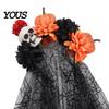 Halloween Party Hair Accessory Pumpkin Skull Floral Headband, Stable Hoop with 3D Artificial Costume Headband Flowers And Spiderweb Black Gauze Gothic