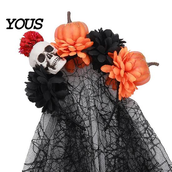 Halloween Party Hair Accessory Pumpkin Skull Floral Headband, Stable Hoop with 3D Artificial Costume Headband Flowers And Spiderweb Black Gauze Gothic