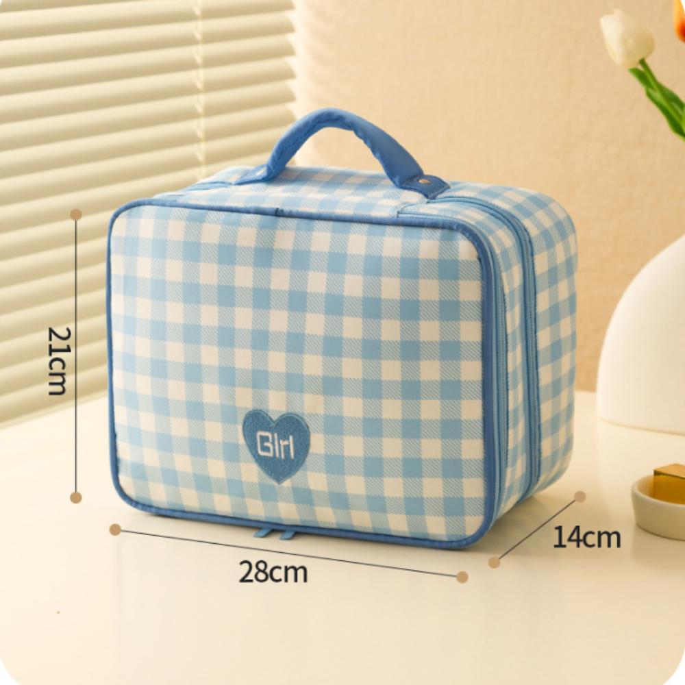 

Plaid Women s Makeup Bag Double Layer Women s Storage Cases Travel Accessories синий