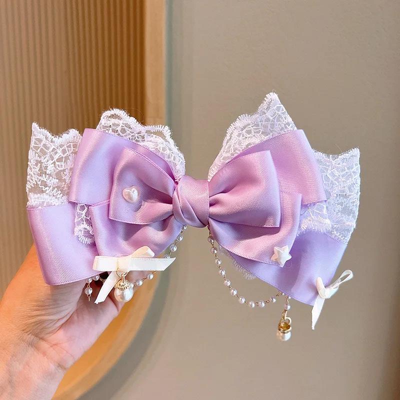 Damen Rosa Lila Blau Grün Lolita Stil Haarspange Schleife Spitze mit Perlenbesatz Handgefertigt Cosplay Kopfschmuck Accessoire