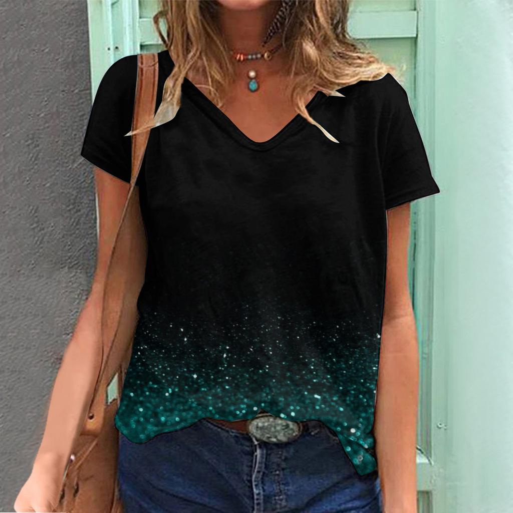 Summer Gradient 3d Printing Women's V-neck Short-sleeved Y2k Blouse Harajuku Street Oversized T-shirt