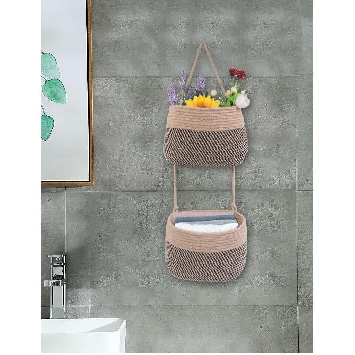 Over The Door Hanging Basket, 2 Tier Cotton Rope Woven Wall Basket, Magazine Racks Hanging Organizer, Decorative Hanging Storage Baskets for