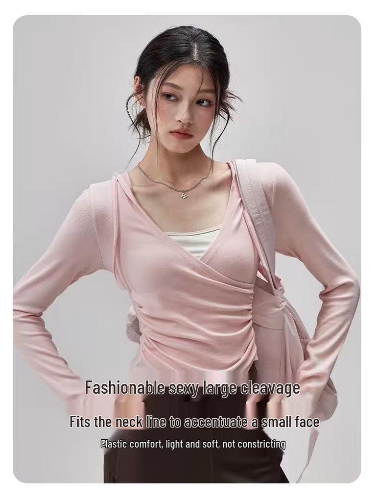Women's Hooded Long Sleeve Yoga Top - Slimming, Breathable, Waist-Cinching Sports Cover-Up for Pilates Training, Autumn Comfort.
