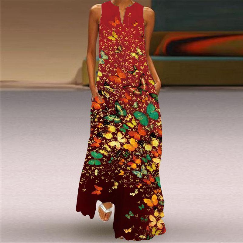 Red Tulip Flower Dress Travel Photo Stage Show Tall V-neck Dress Summer Thin Skirt