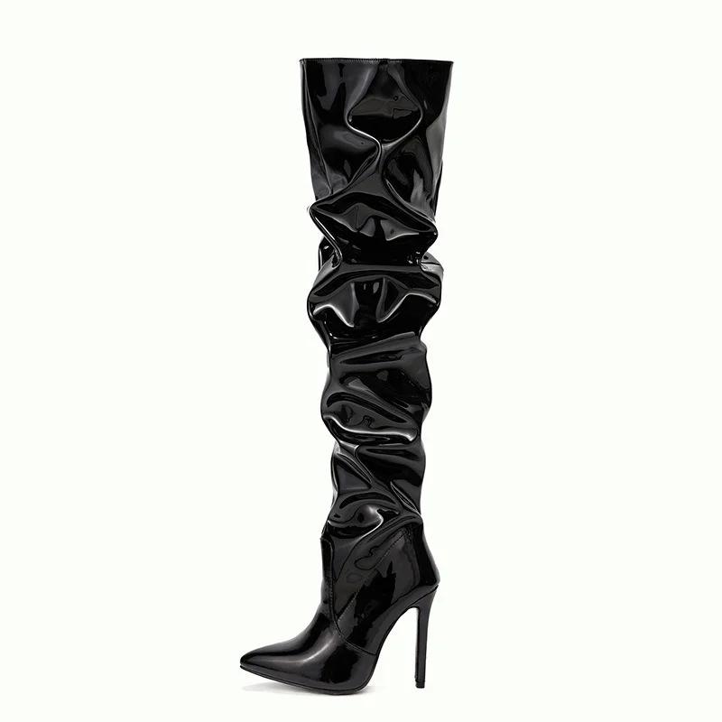 Sexy Pointy Thigh High Boot for Womens Party Shoes Patent Leather Pleated Over The Knee Slim Long Boots Botas De Mujer