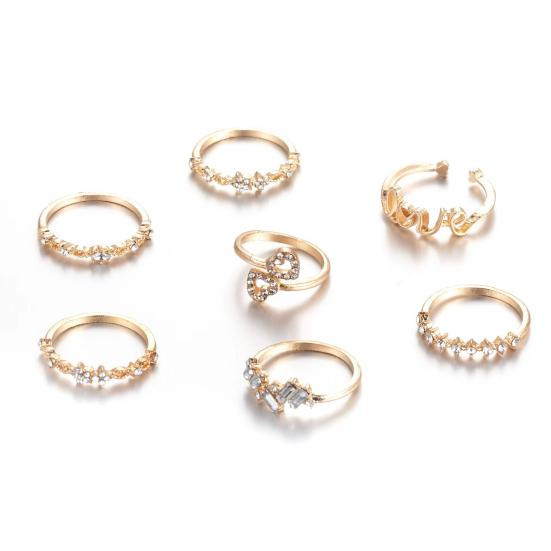 7 Pcs/Set Women Ring Set Different Shapes Rhinestone Knuckle Rings Hollow Out Heart Polished Alloy Rings Prom Party Jewelry