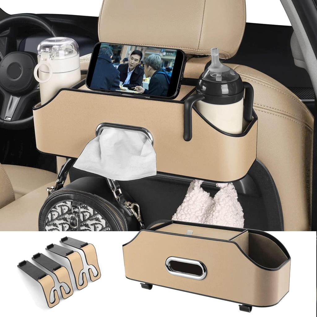 Car Back Seat Organizer with 2 Drink Cup Holder - Tissue Box and Storage Box Hook - Multi-Functional Storage - Great for Kids and Travel (Beige)