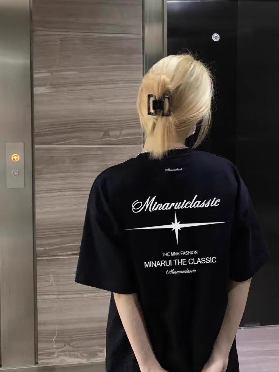 

Женская белая футболка оверсайз в стиле ретро 2025 года с коротким рукавом - Модный летний стиль для пар, из плотной ткани XL чёрный