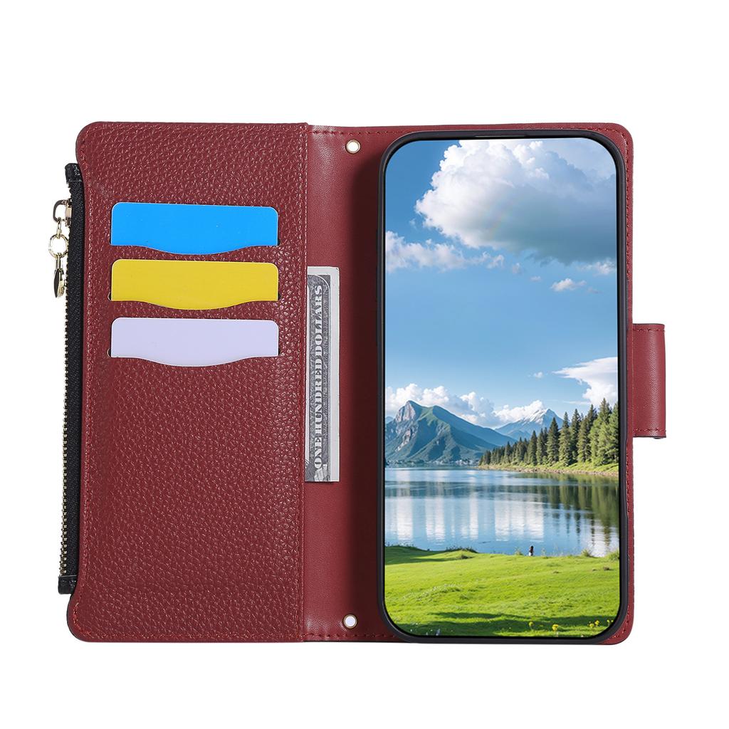 Applicable To iPhone17 Japanese and Korean Leather Case, Samsung S25 Lychee Pattern Zipper Wallet Diagonal Span Portable Rope A06 Solid Color