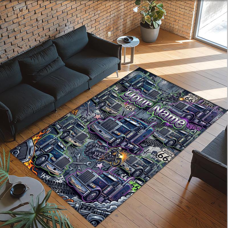 Truck Theme Crystal Velvet Rug Personalized Custom Name Text Soft Floor Mat Home Decor