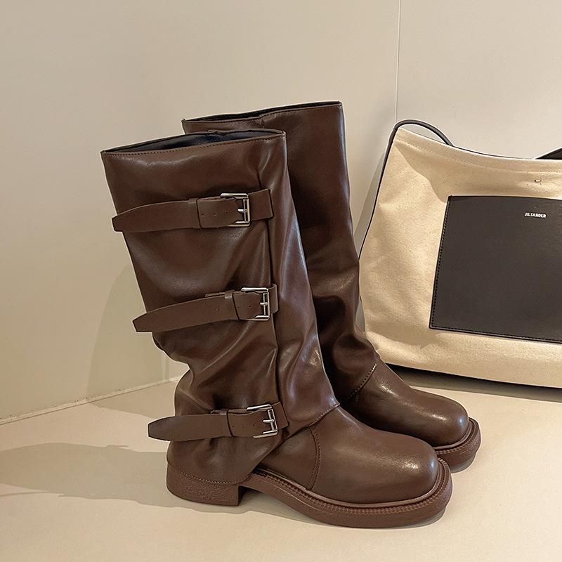 Modische vielseitige Stiefel mit runder Spitze und dickem Absatz für Damen, Herbst und Winter 2025, neu, mit Gürtelschnalle, dünne vielseitige Reiterstiefel