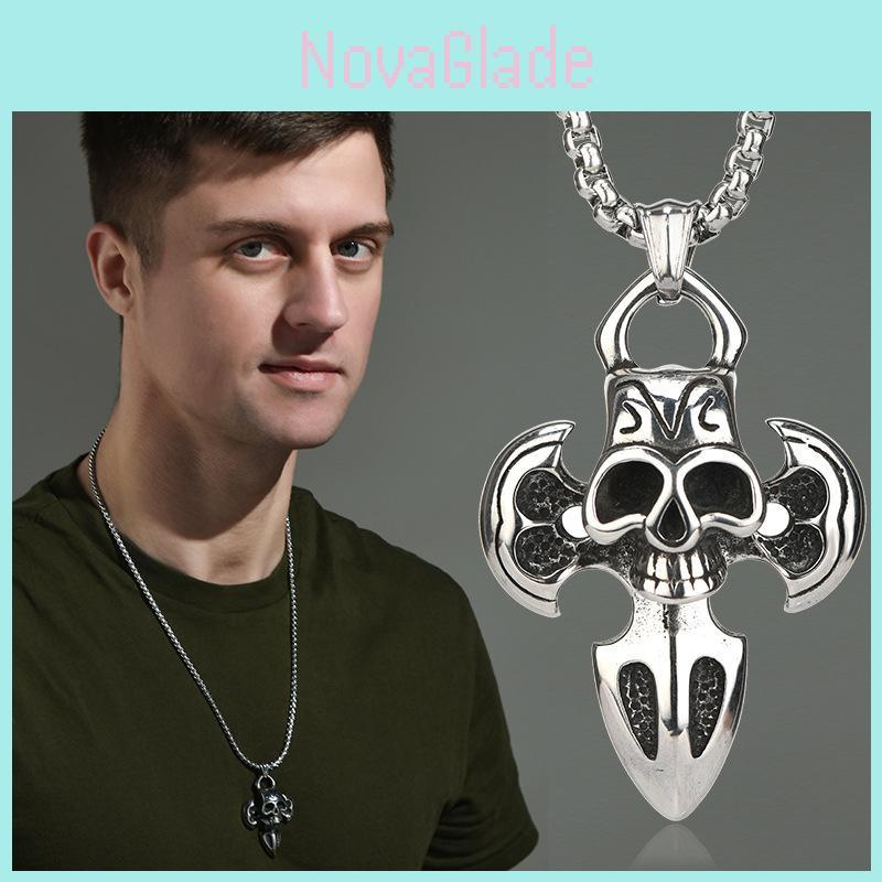 Vintage Skull Cross Titanium Steel Necklace For Men Unique Hip Hop Street Style Jewelry