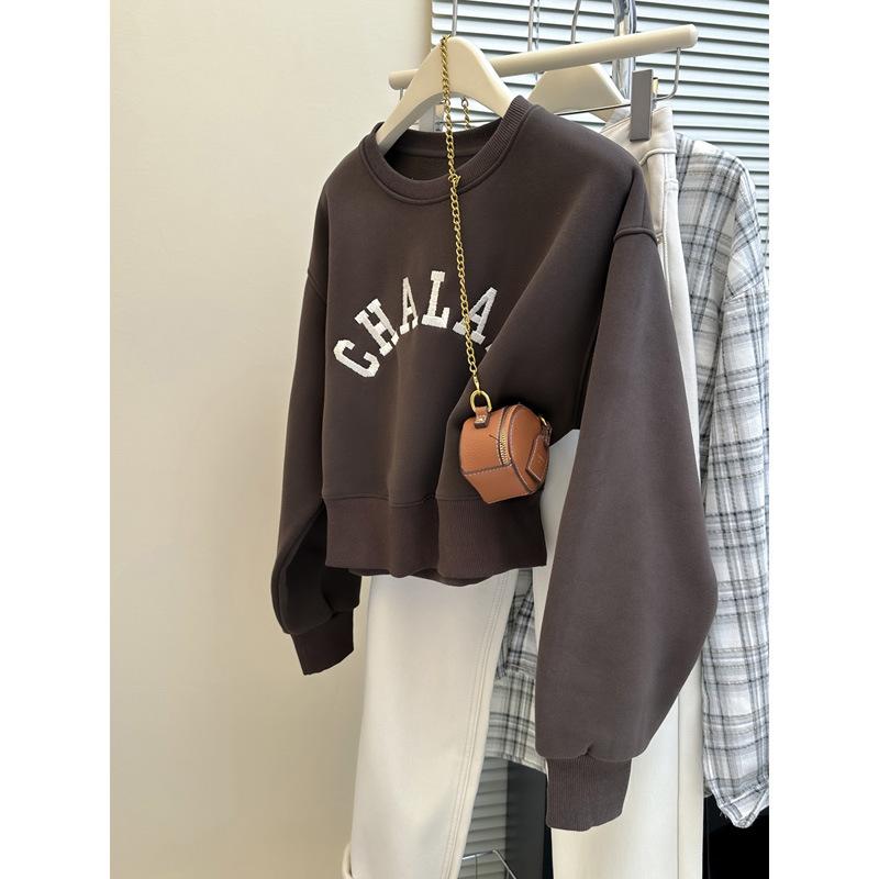 Fleece Thickened Letter Embroidery Crew Neck Long Sleeve Sweater Women s Autumn and Winter Large Size Loose Short Top Jacket M 2980₽