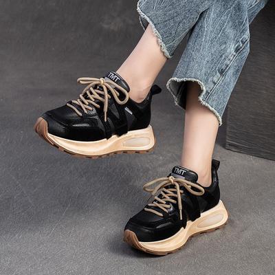 Genuine Leather Sneakers Versatile Casual Sports Shoes Round Toe Lacd-up Women's Flat Shoes