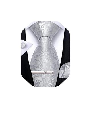 [DiBanGu] Silver Silk Tie Set with Tie Pin and Pocket Square for Weddings, Banquets, and Parties