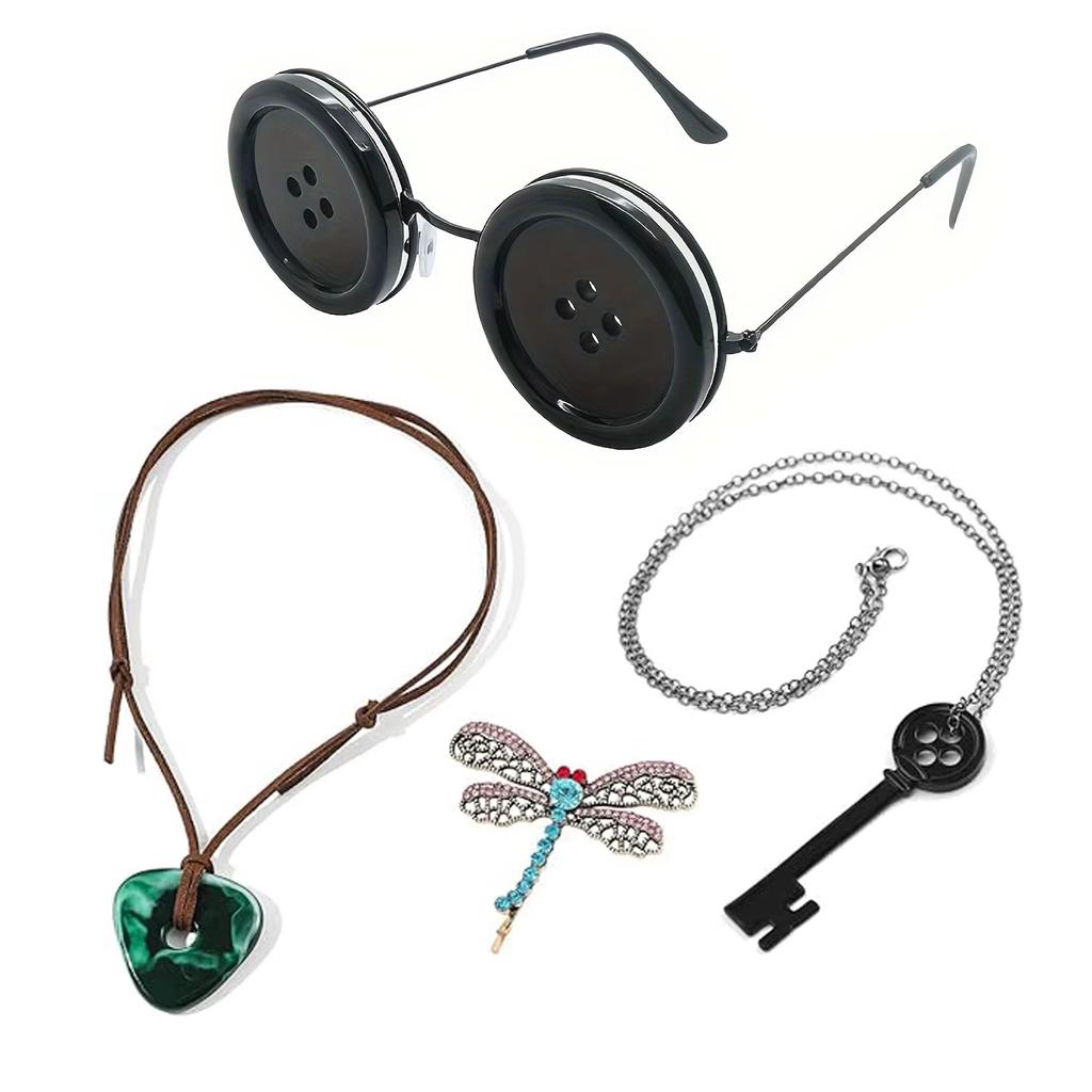 Horror Button Eyes Cosplay Glasses Props Coraline Button Glasses Party Glasses Necklace Hairpin Set Fairy Tale Halloween party