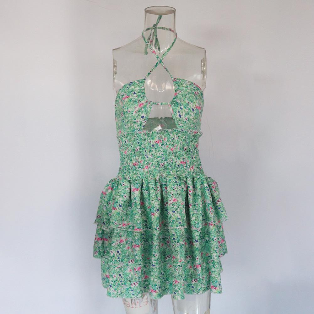 Summer 2025 Women's Strapless Floral Tie-Up Spaghetti Strap Mini Dress