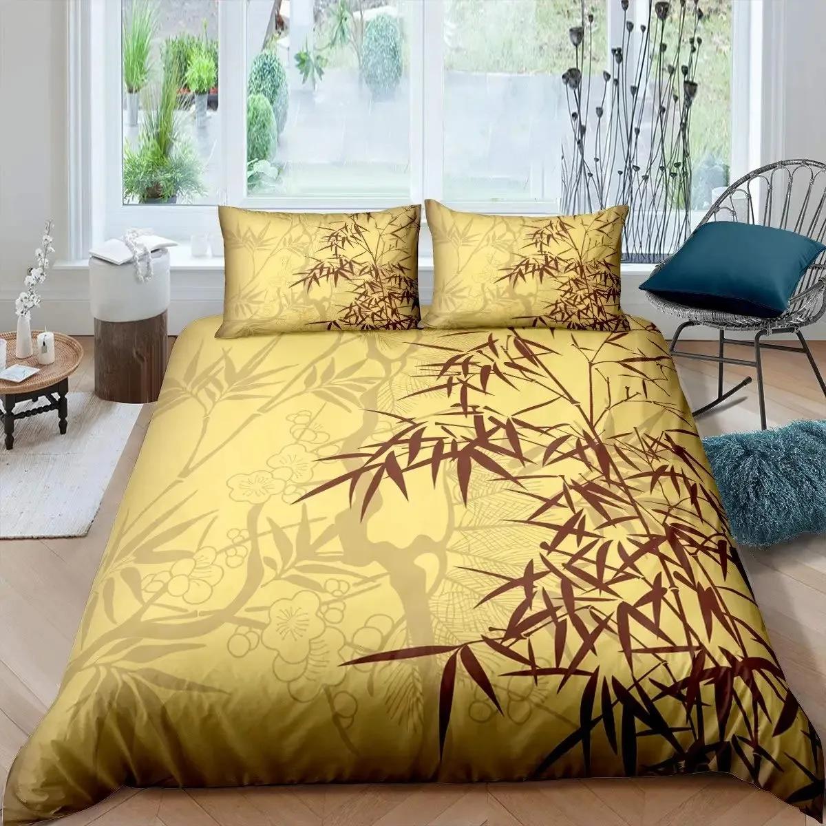 Lodestar Unisex Bamboo Duvet Cover Set Bamboo Branches Bedding Set Tree Print Comforter Cover Luxury Retro Floral Style Quilt Cover Queen Size