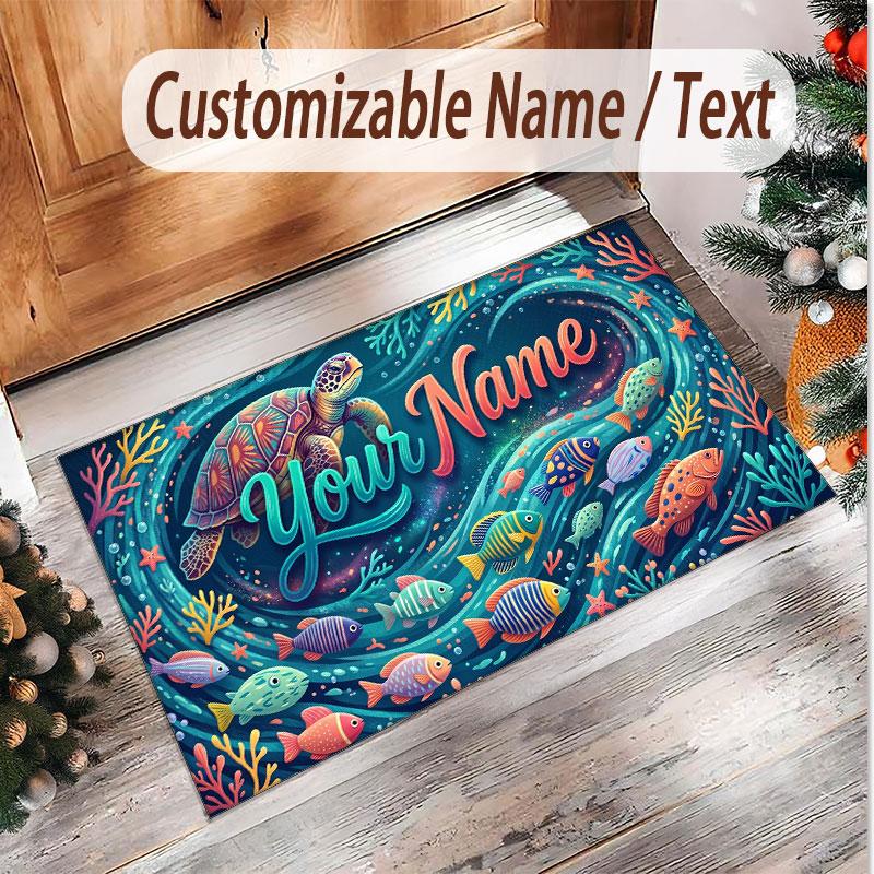 Fish Ocean Theme Soft Crystal Velvet Rug Custom Name & Text Print Non Slip Floor Rug for Bedroom Living Room