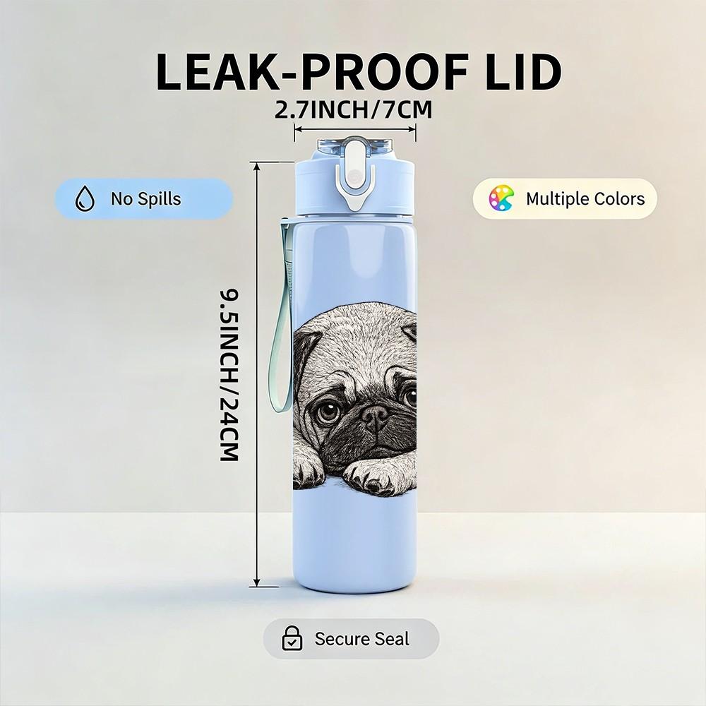 1PC Sad Pug Puppy Dog Pet Portrait Print 750ml Color Plastic Sports Water Bottle Leakproof Flip Straw Lid Suitable for Sports Office Home Use