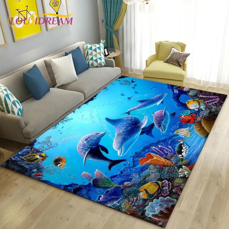 Seabed Illusion Underwater World  Dolphin Shark  Area Rug ,Carpet Rug for Living Room Bedroom Sofa Doormat Non-slip Floor Mat