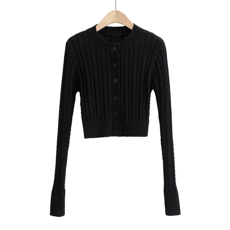 European & American Style Solid Color Cable Knit Cardigan - Round Neck, Single-Breasted, Long Sleeve Top for Women