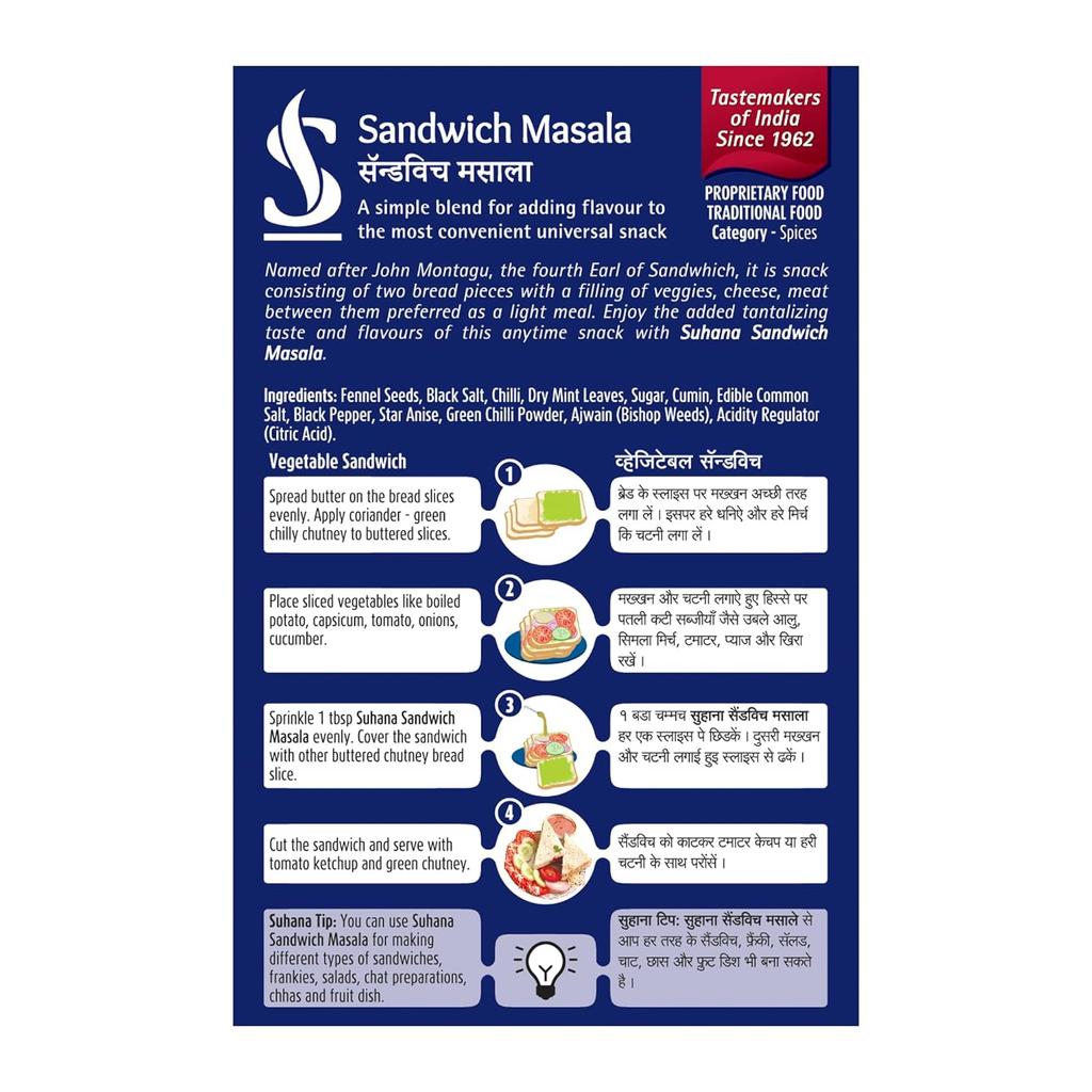 Suhana Sandwich Masala 50g Packung 1 Pikante Sandwich-Gewürzmischung Geschmacksverstärker Würze Für Snacks Indischer Straßen-Geschmack
