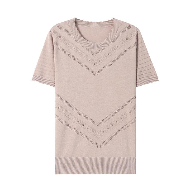 Summer Round Neck Hollow Ice Silk Knitted Shirt for Women Women's Short Sleeved T-shirt Loose Top