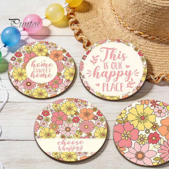 Easter Table Decor 4PCS Flower Coasters Set, Thick Cork Base Non-Slip Heat Resistant Drink Cute Animal Print Coasters, Floral Decorative for