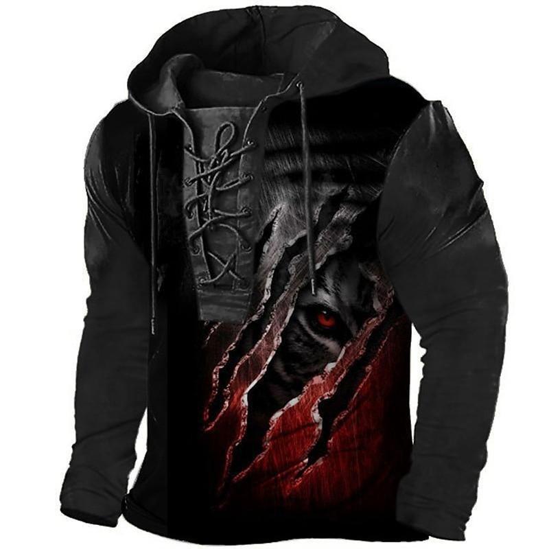 Size Men's Outdoor Retro Lace-up Long-sleeved Hoodie Autumn and Winter Casual Lace-up Sweatshirt For