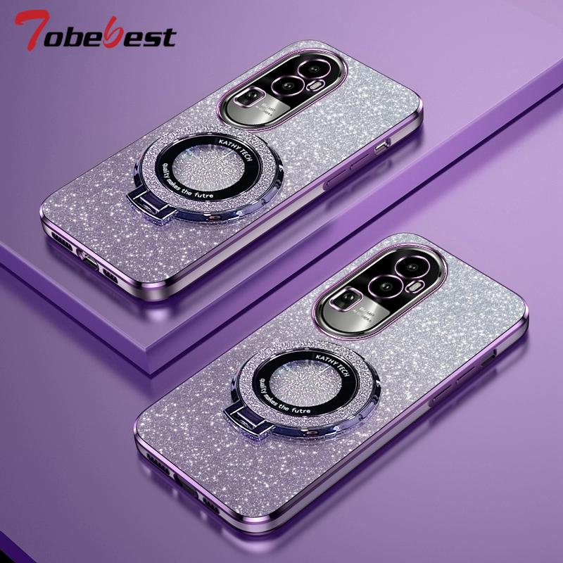Glitter Plating Magnetic Holder Phone Case For OPPO Reno 12 12F 11 11F 10 8 7 Pro Plus 4G 5G Cover