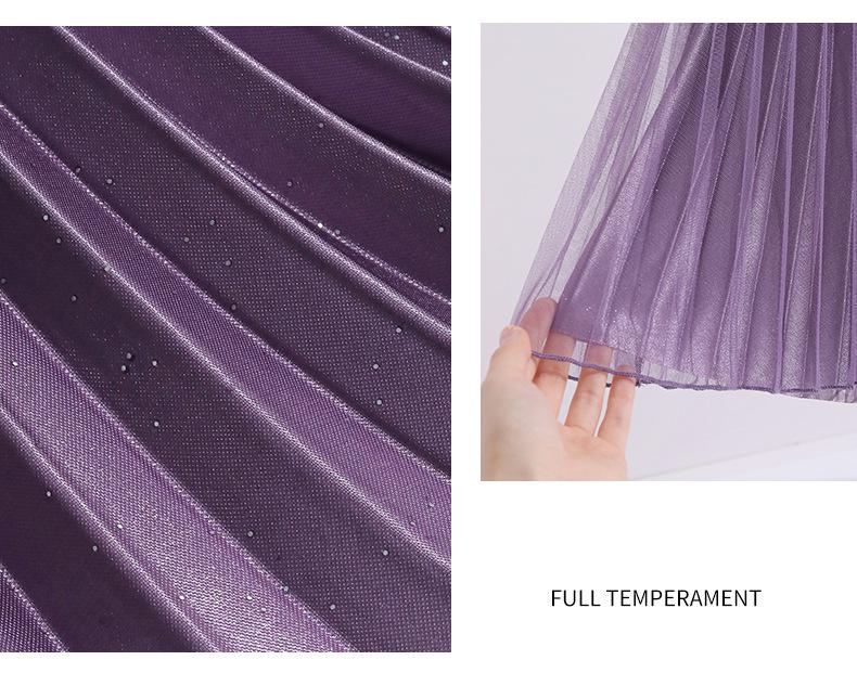 Solid Color High-Waisted Pleated Lurex Mesh Midi Skirt