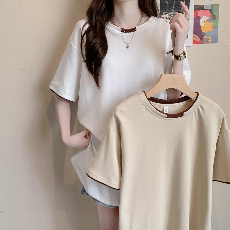 

[100% pure cotton/rear bag collar] Contrasting color splicing fake two-piece design pure cotton medium and long T-shirt women s irregular top 2XL абрикосовий