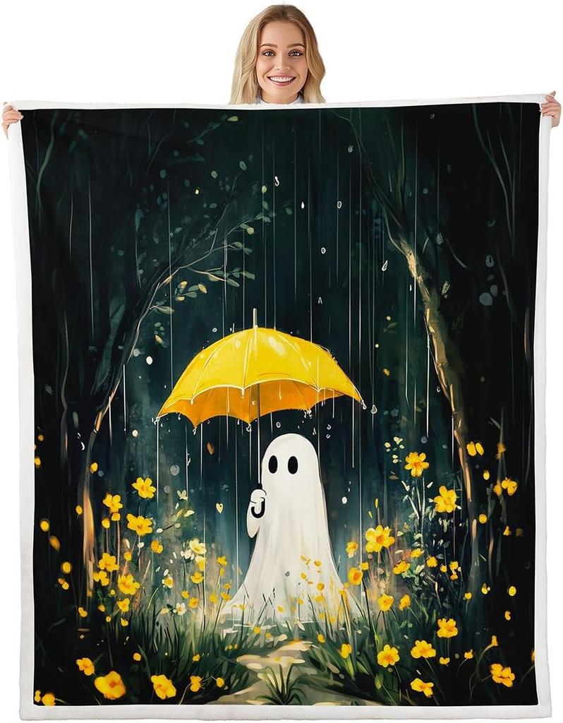 GUOYU Decke Happy Halloween Fleece-Decke Baby Kürbis Geist Feiertags Sherpa-Decke Gotische Fledermäuse Florale Pflanzen Flauschige Plüschdecke für Kinder