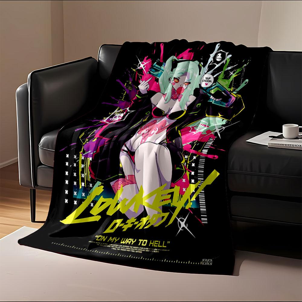 A neon punk anime style with bold graffiti and striking graphic elements. for all seasons blanket lunch break throw gift