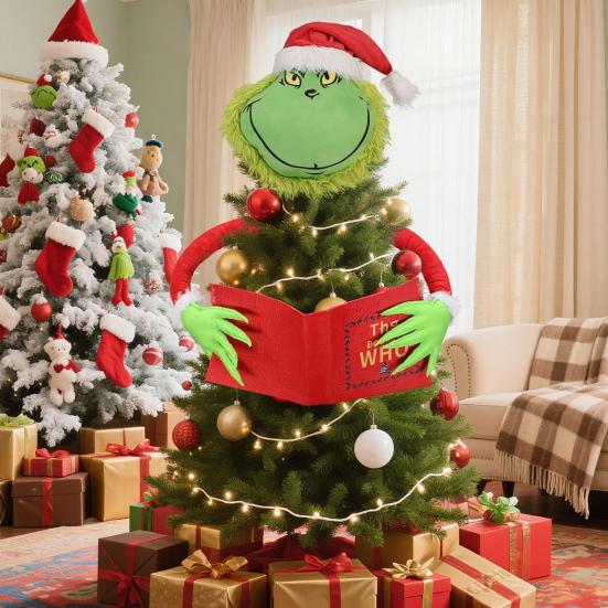 Green Elf Reading Book Christmas Tree Topper Plush Elf Head Arm Treetop Ornament for Farmhouse Holiday Party Tree Decor