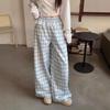 Lace Trim Blue Plaid Women's Wide-Leg Pants: High Waist, Loose Fit, Spring/Autumn 2025