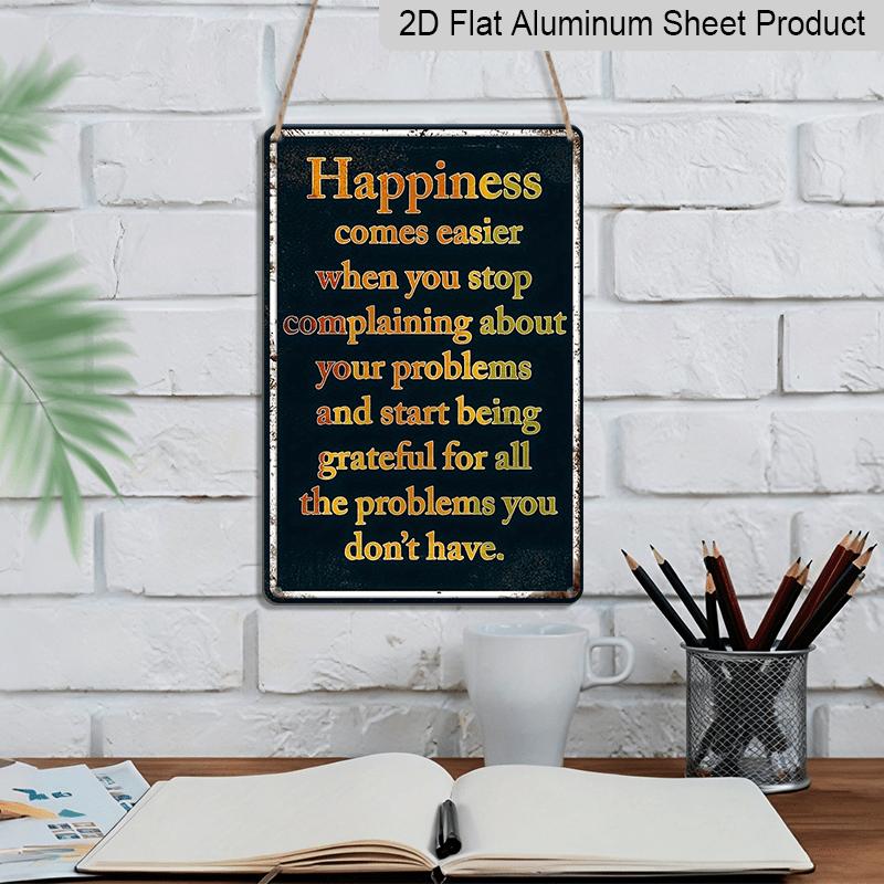 2D Flat, Vintage "Happiness Comes Easier" Metal Wall Art Sign - Retro Aluminium Decor with Inspirational Quote, Ideal for Home, Office, Bar, Garage