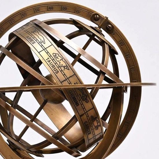 Decorative Brass Armillary Sphere with Wooden Base Astronomy Decor Desk Shelf