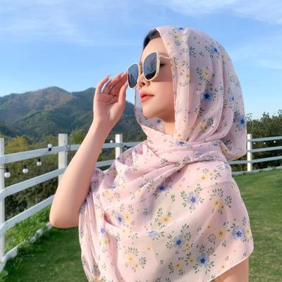 Summer New Floral Chiffon Scarf For Women'S Outdoor Travel Versatile Extended Thin Sunscreen Shawl Beach Towel